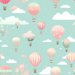 Colorful hot air balloons floating in a serene blue sky with fluffy clouds and whimsical patterns. Generative AI