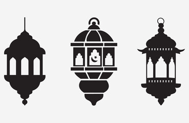Three Elegant Black Silhouette set Lanterns for Ramadan or Islamic Celebrations