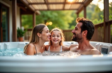Happy family enjoys summer day in outdoor hot tub. Parents, daughter laugh, relax together. Warm water, sunlight create joyful scene. Beautiful summer day with family fun. Perfect for summer vacation