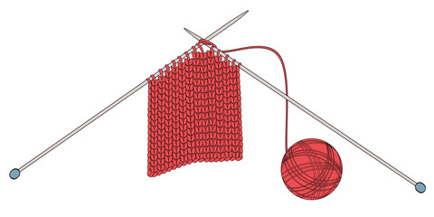 red knitted wool on white background with knitting needles for knitting warm clothes and hobbies needlework