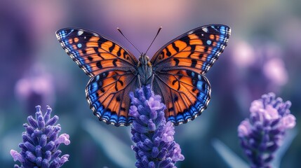 Obraz premium A vibrant butterfly perched on lavender flowers in a serene setting.