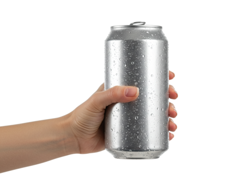 Woman's hand holding a large Empty aluminum can with drops isolated on transparent background, png.