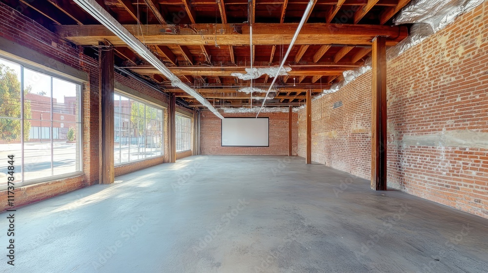 Poster empty office meeting space with an open layout, ample seating, and a large projection screen ready f