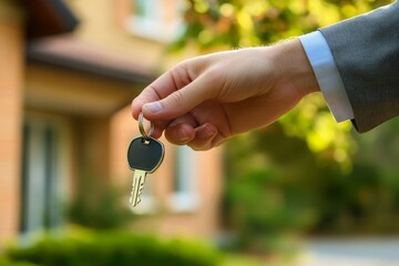 Close up view home keys in the agent hand giving to new owner. Generative AI