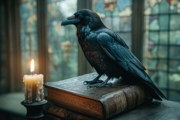 a raven standing on a book in an old church building