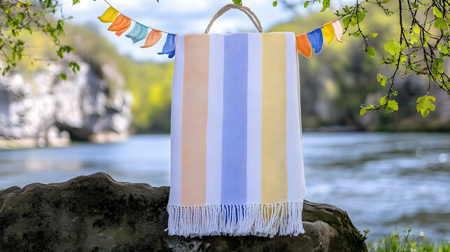 Striped beach blanket hanging on rock by river, colorful bunting in background; perfect for summer relaxation and outdoor advertising.