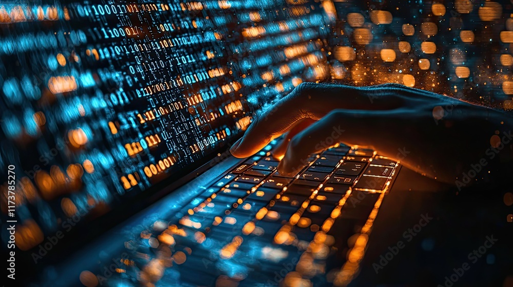 Poster close-up of hands typing on laptop keyboard with glowing binary code on screen.