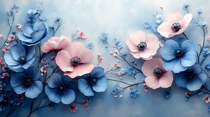 Elegant Blue and Pink Floral Arrangement on Blue Background