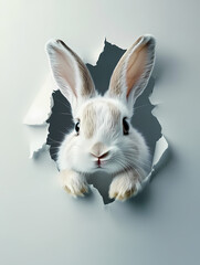 Obraz premium Cute rabbit breaking through a wall in a playful display of curiosity and surprise. Generative AI