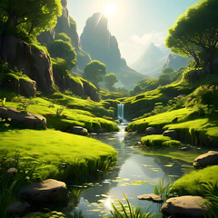 Green mountains with a little waterfall with different colors of flowers in the green forest illustration
