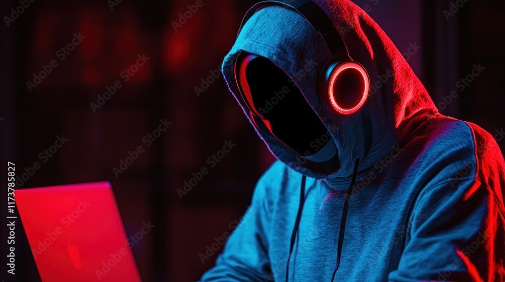 Poster anonymous hacker working on laptop in neon light