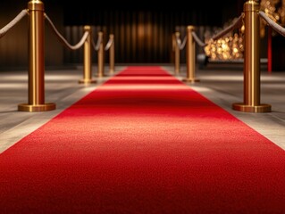 Elegant red carpet leads to a glamorous venue with golden barriers in an upscale location at night