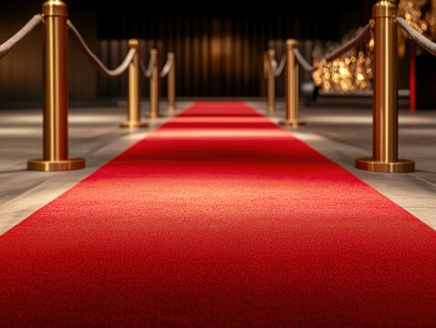 Elegant red carpet leads to a glamorous venue with golden barriers in an upscale location at night