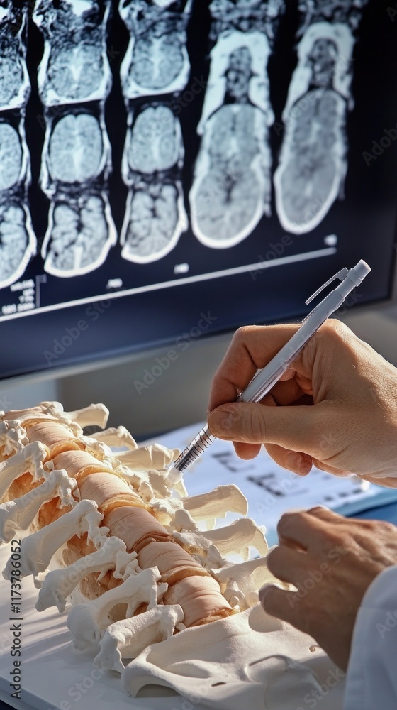 Poster doctor analyzing spine model with mri scan on background