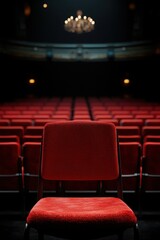 Obraz premium Empty red chair awaits in the grand theater illuminated by soft chandelier light