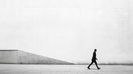 A man in a suit walks past a minimalist building.