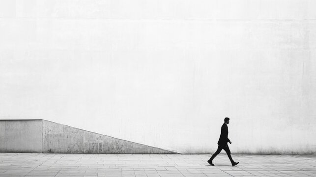 A man in a suit walks past a minimalist building.