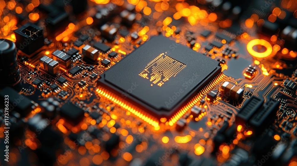 Poster close-up of illuminated central processing unit on circuit board. (1)