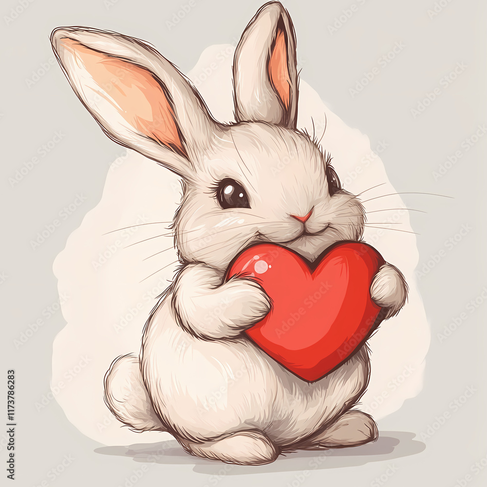 Poster Cute white rabbit holding a red heart with a soft background in a whimsical style. Generative AI