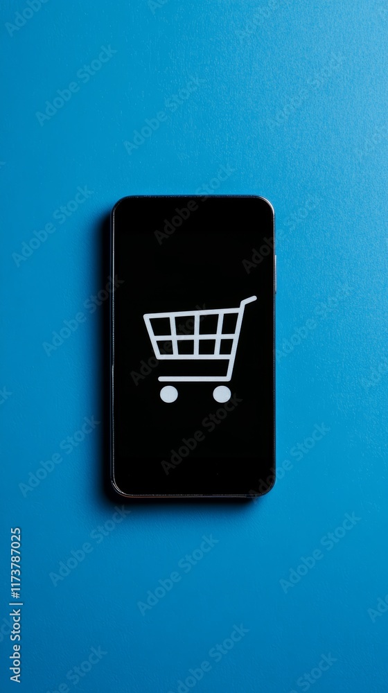 Poster smartphone displaying a white shopping cart icon on its screen lies on a vibrant blue background, re