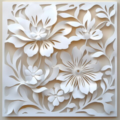 Detailed floral paper cut artwork showcasing intricate designs in a white-on-white aesthetic. Generative AI