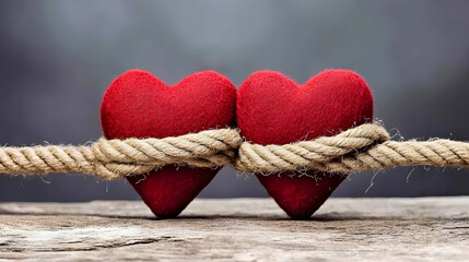 Two red hearts tied together with rope on wooden surface, grey background; Valentine's Day concept.