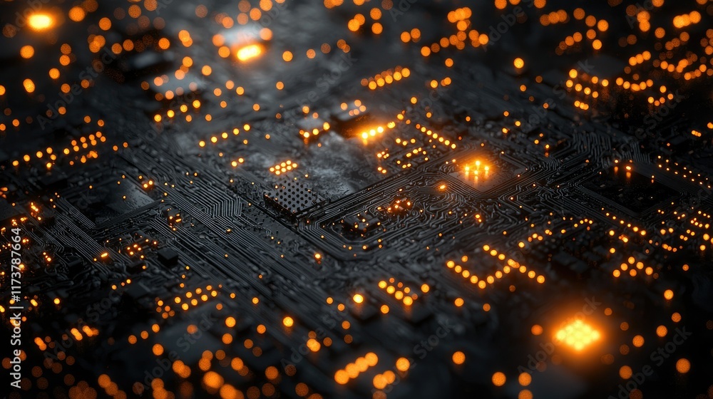 Poster close-up of illuminated circuit board, showcasing intricate technological details and glowing compon