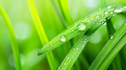 Naklejka premium Close-up of dew drops on blades of vibrant green grass. Fresh, natural, and serene.