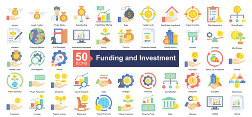 Funding and Investment Icon Collection Set.Containing venture, angel investor, private equity, crowdfunding, debt, hedge funds icon. Simple flat style Vector Illustration.	
