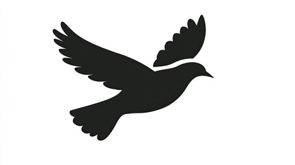 Obraz premium Silhouette of a black bird in mid-flight against a clean white background, symbolizing freedom and ideas taking flight.