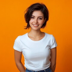 Fototapeta premium Young Woman Smiling Against a Bright Orange Background, Showcasing Confidence and Warmth in Casual Attire While Standing Comfortably With Hands at Her Sides