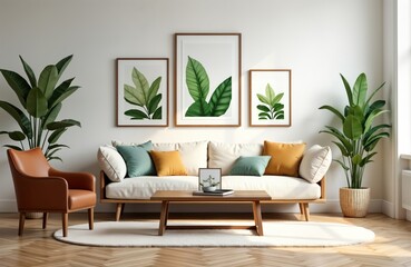 Modern farmhouse living room interior design features white sofa with colorful throw pillows, wooden furniture. Gallery wall with framed plant prints, lots of plants add life to space. Wooden coffee