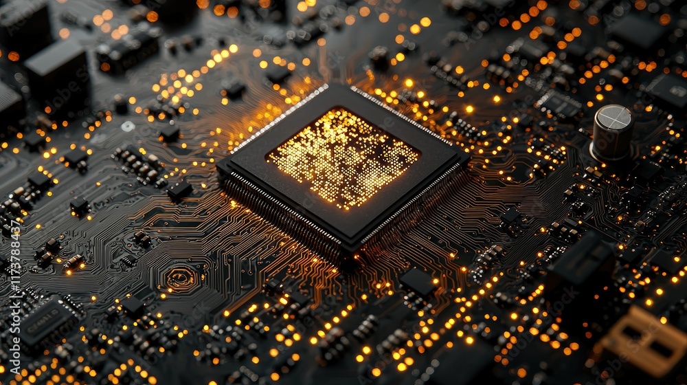 Aufkleber close-up of illuminated microchip on circuit board.