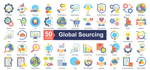 Fototapeta premium Global Sourcing Icon Collection Set.Containing optimization, supply chain, outsourcing, supplier, cost management, market research, mitigation icon. Simple flat style Vector Illustration.