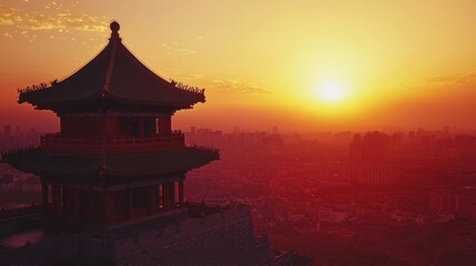 Fototapeta premium Sunset over Chinese Cityscape from Pavilion