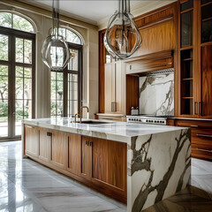 big kitchen american style luxury wood calacatta marble realistic photography