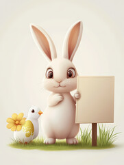 Obraz premium Cute rabbit holding a blank sign with a chick and a flower in a grassy setting. Generative AI