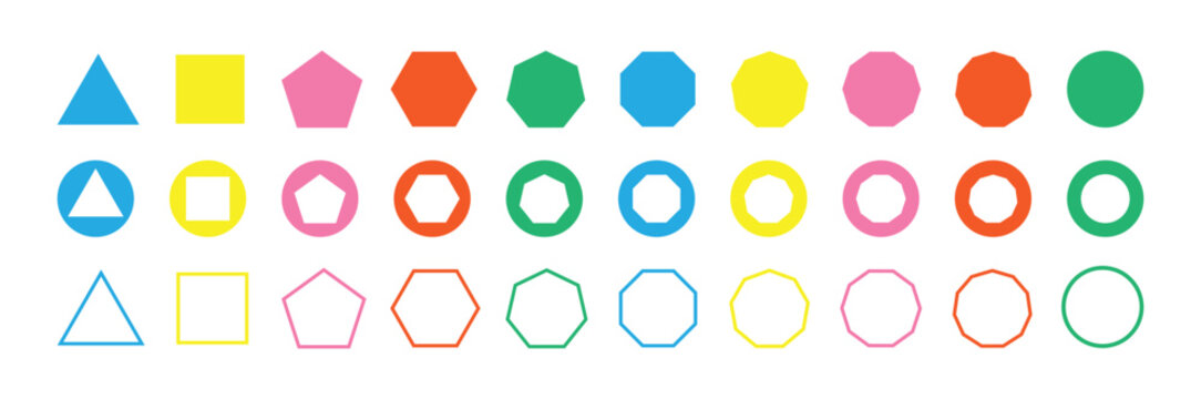 Various number of geometric shape. Different types of regular polygons. triangle, square, pentagon, hexagon, heptagon, octagon, nonagon, decagon, hendecagon, dodecagon vector. Colorful geometric shape