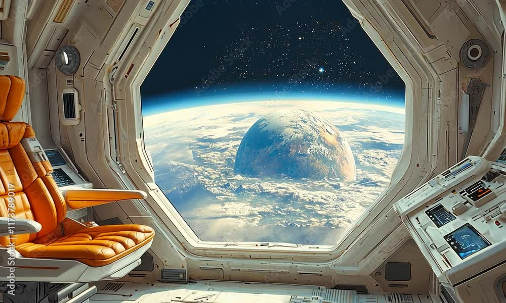 Poster futuristic spaceship cockpit with view of distant planet