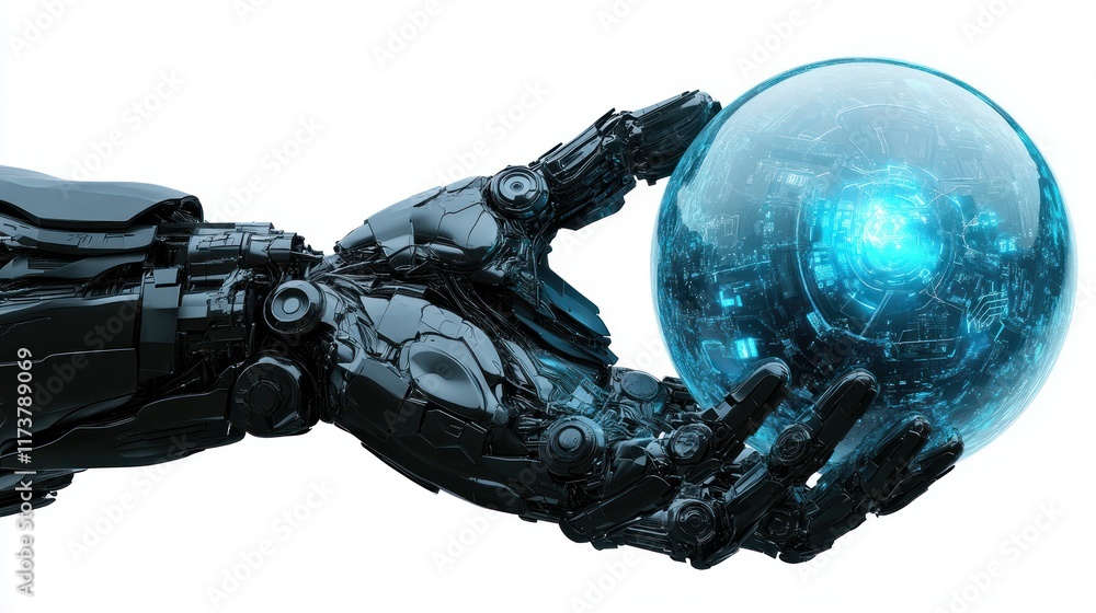 Poster a robotic hand grasps a glowing orb of energy. ideal for sci-fi projects showcasing advanced technol
