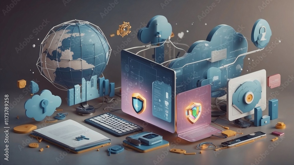Aufkleber global network security and data protection visualized with laptops, cloud icons, and a globe.