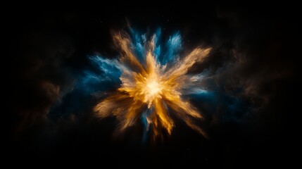 Fototapeta premium Abstract explosion of blue and gold powder on a black background. Dynamic and energetic image.
