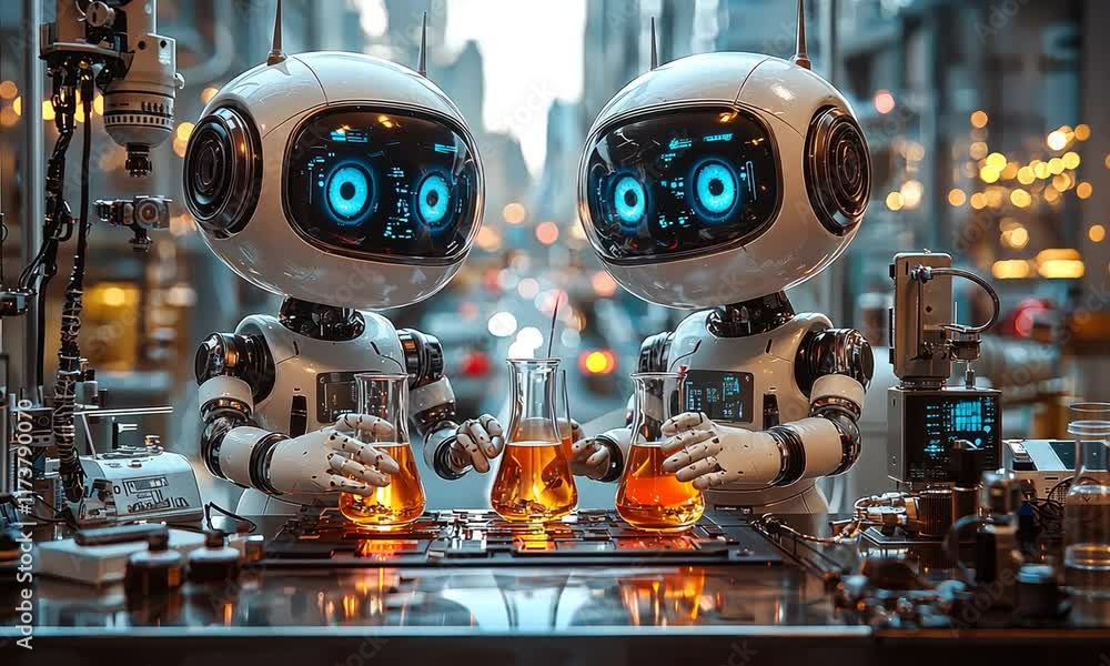 Aufkleber two futuristic robots collaborating on a scientific experiment in a city setting