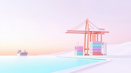 Fototapeta premium cargo management and shipment concept. Modern cargo crane at a serene harbor with colorful containers and a gentle sunset backdrop.