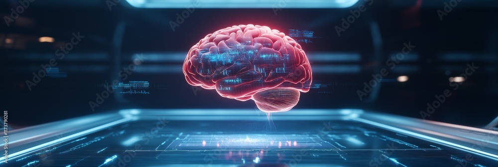 Poster complex digital interface analyzing a glowing holographic human brain inside a futuristic laboratory