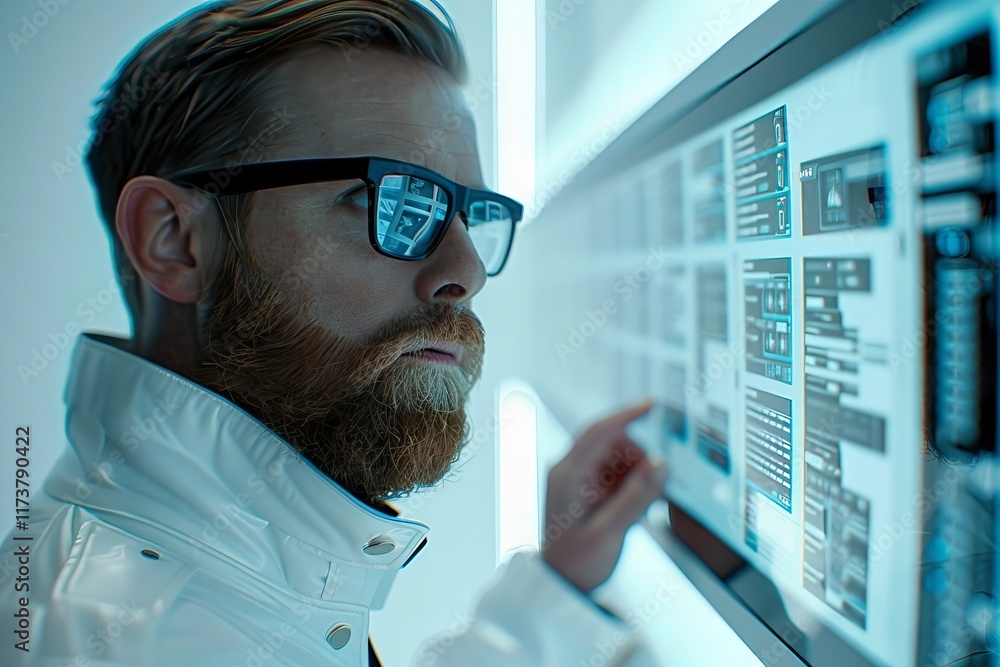 Poster holographic screens showcase stylish individuals in eyeglasses and beards with e-invoices and calcul