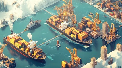 Obraz premium Visual concept of global supply chains with interconnected cargo ships, factories, and warehouses spanning continents.