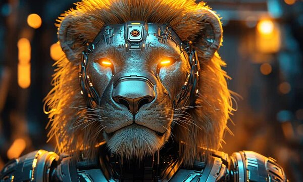 Cybernetic Lion: Glowing Eyes and Futuristic Armor