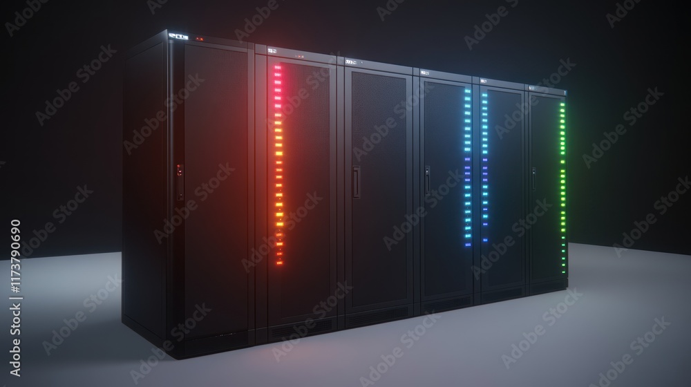 Poster dark server racks with glowing lights ideal for technology website banners or data center presentati