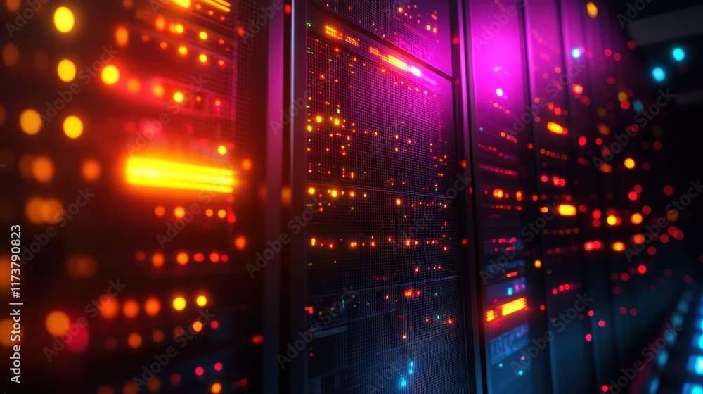 Poster servers with glowing lights in a data center. ideal for technology websites blogs or articles about 